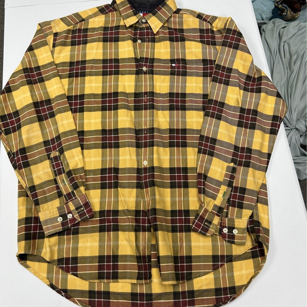 Tommy Hilfiger Plaid Button Down Mens L Yellow Good Long Sleeve Twill Shirt